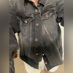 Free People Oversized Black Faded Distressed Raw Hem Denim Jacket Size large NWT